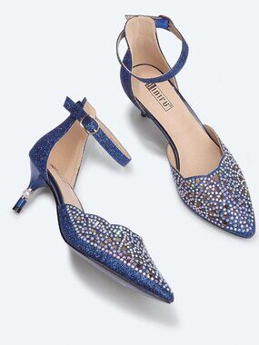 Women's Blue Glitter Rhinestones Low Kitten Heels Pumps Evening Dress Shoes